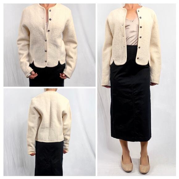 Vintage Cream Beige Neutral Boiled Wool Fuzzy Chunky Boxy Cardigan Sz Medium - Picture 2 of 7